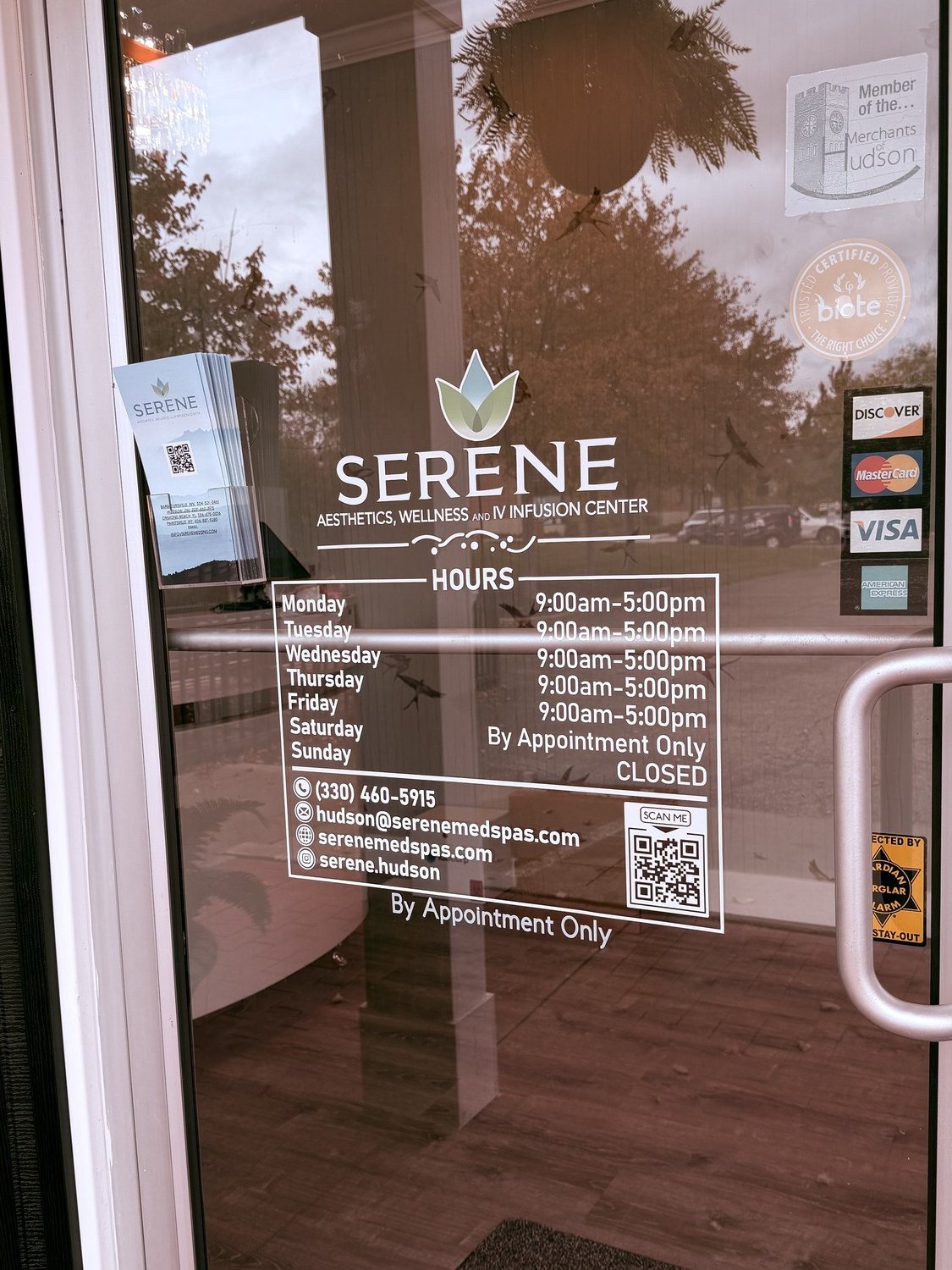 Entrance and hours at Serene Med Spa Hudson