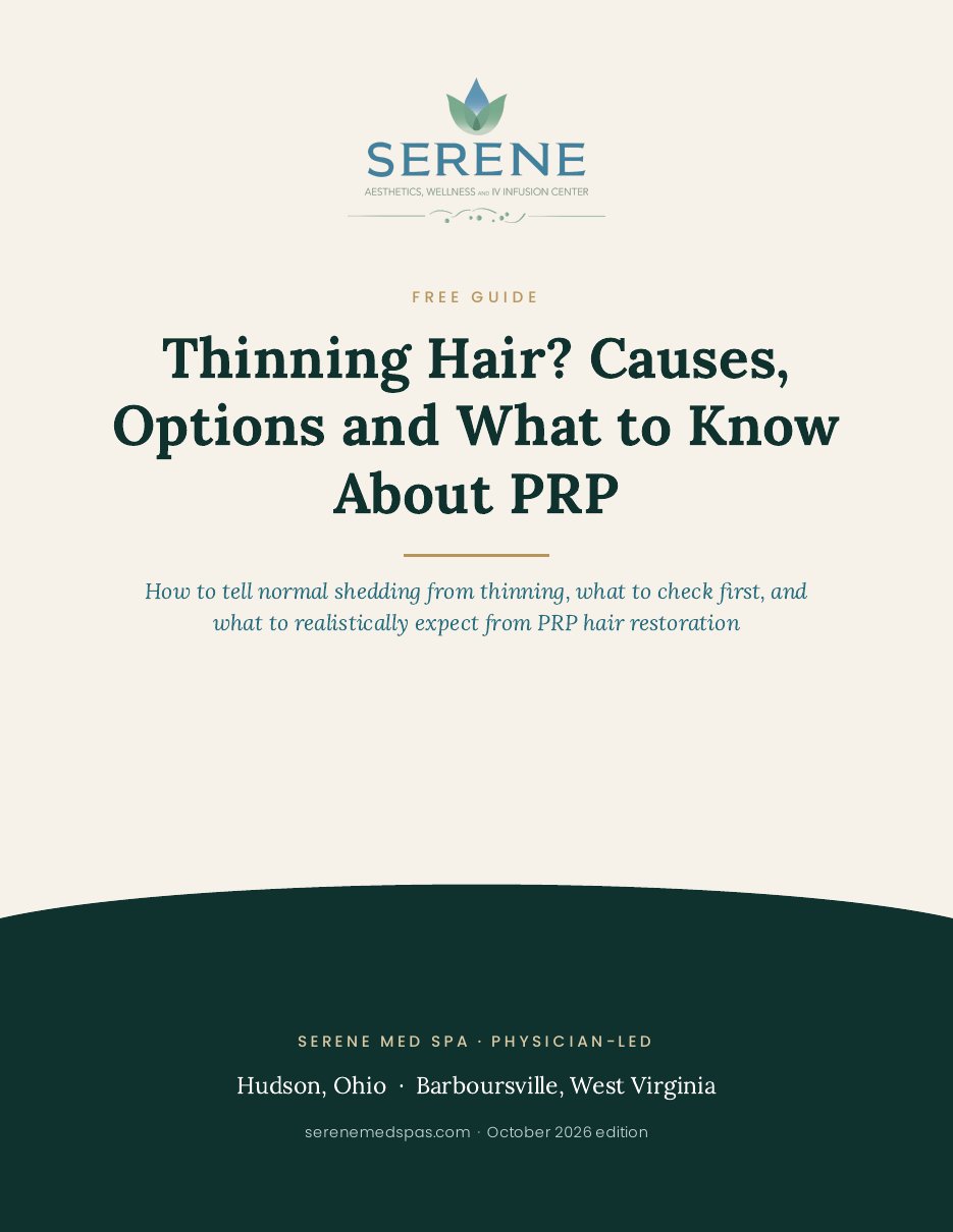 Cover of the free Serene Med Spa guide: Thinning Hair? Causes, Options and What to Know About PRP