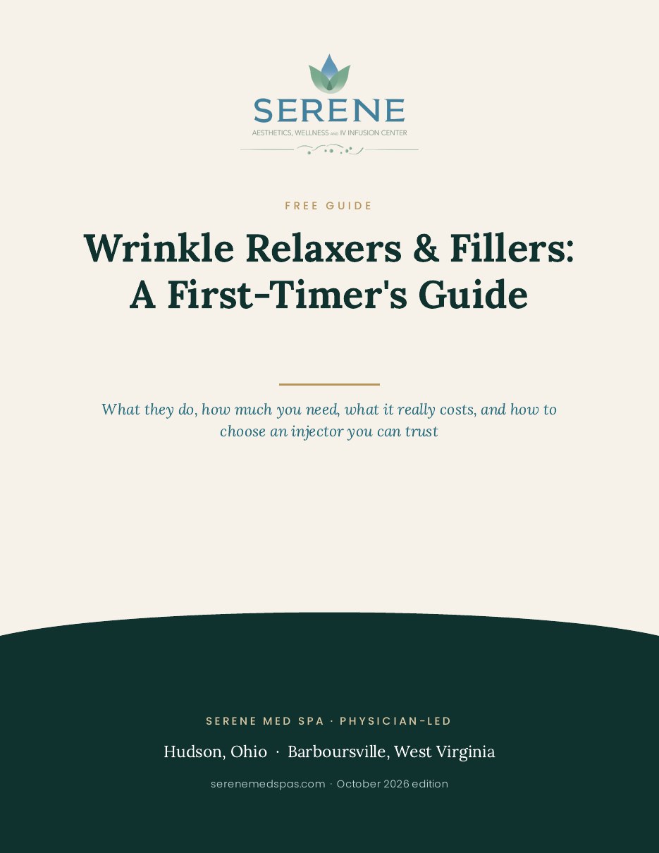 Cover of the free Serene Med Spa guide: Wrinkle Relaxers & Fillers: A First-Timer's Guide