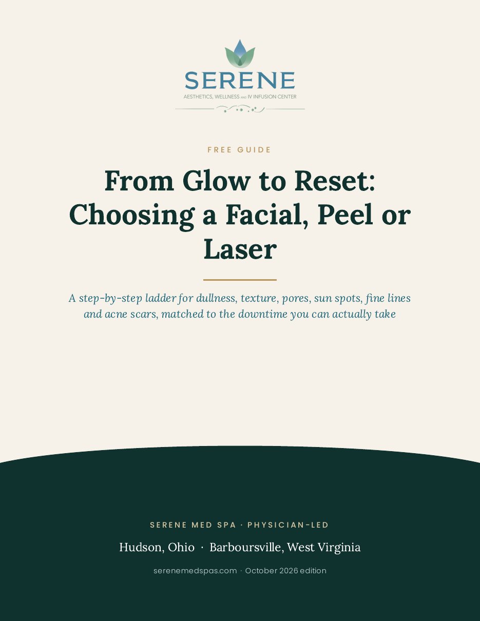Cover of the free Serene Med Spa guide: From Glow to Reset: Choosing a Facial, Peel or Laser