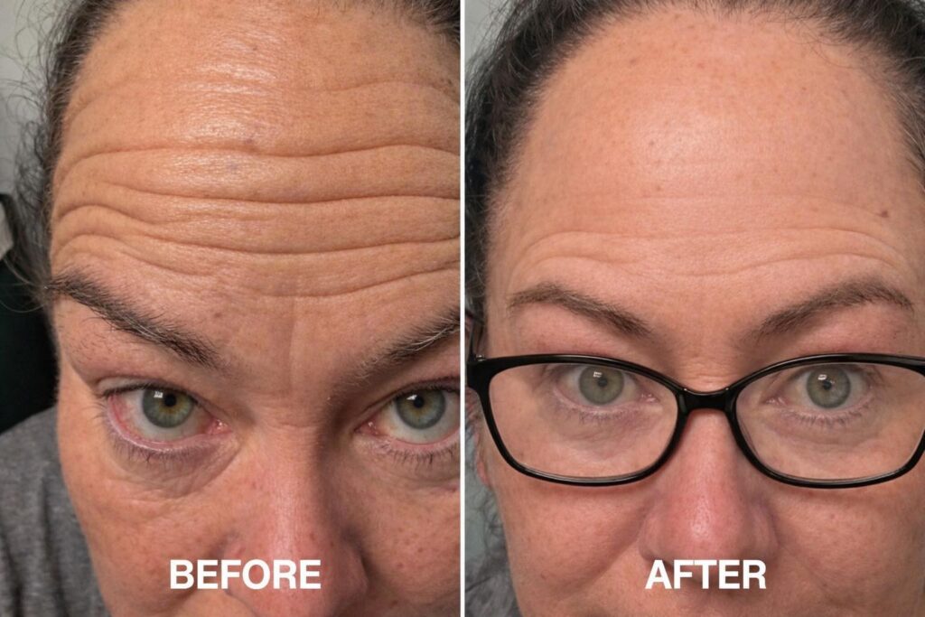 Botox forehead before and after results showing smoothed wrinkles and fine lines at Serene Med Spa.