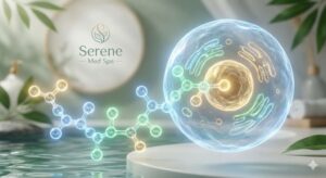 Scientific illustration of Peptide Therapy signaling and cellular rejuvenation at Serene Med Spa