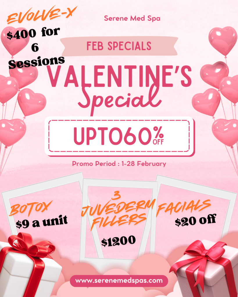 Promotional graphic for Serene Med Spa February Specials featuring deals on Neurotoxins, Morpheus 8, and Juvederm Fillers.