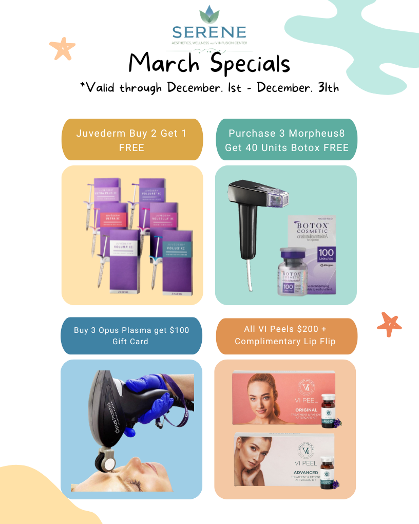 Promotional graphic for Serene Med Spa March Specials featuring exclusive deals on Aesthetic and Wellness services, including Neurotoxins, Morpheus8, and Juvederm Fillers.
