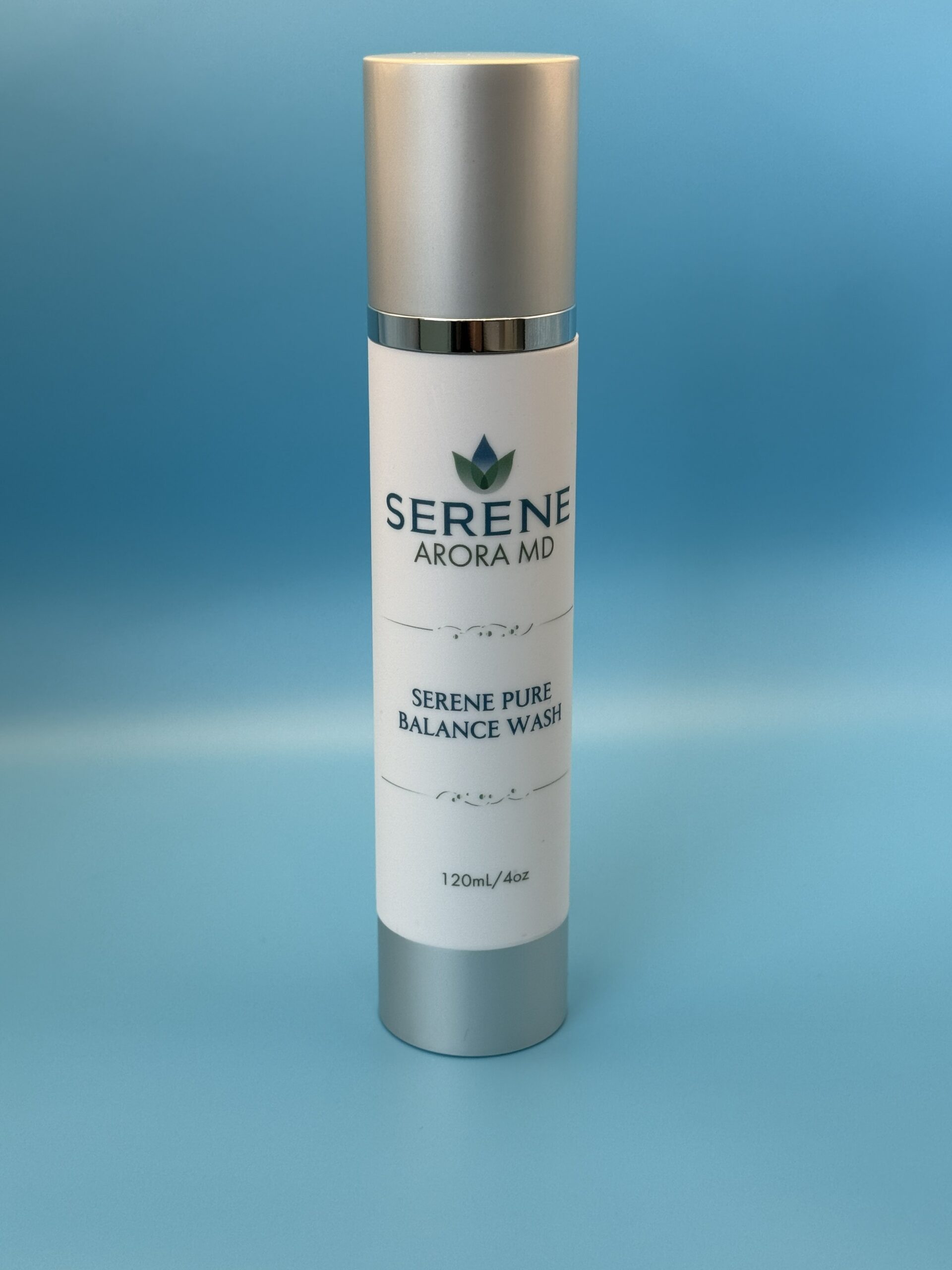 Serene Pure Balance Wash botanical gel cleanser in a silver airless 120 mL container.