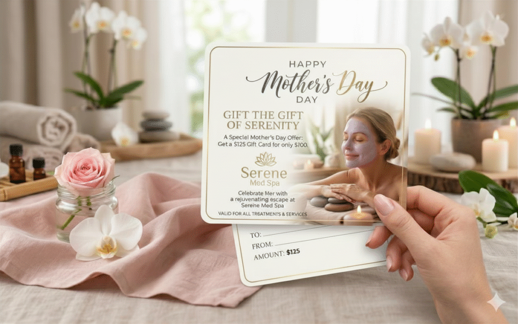 An elegant Mother's Day gift card for Serene Med Spa held by a person over a spa-themed background. The card features a woman receiving a facial and states, "Get a $125 Gift Card for only $100." The background includes soft pink linens, white orchids, and hot stones, creating a tranquil atmosphere.