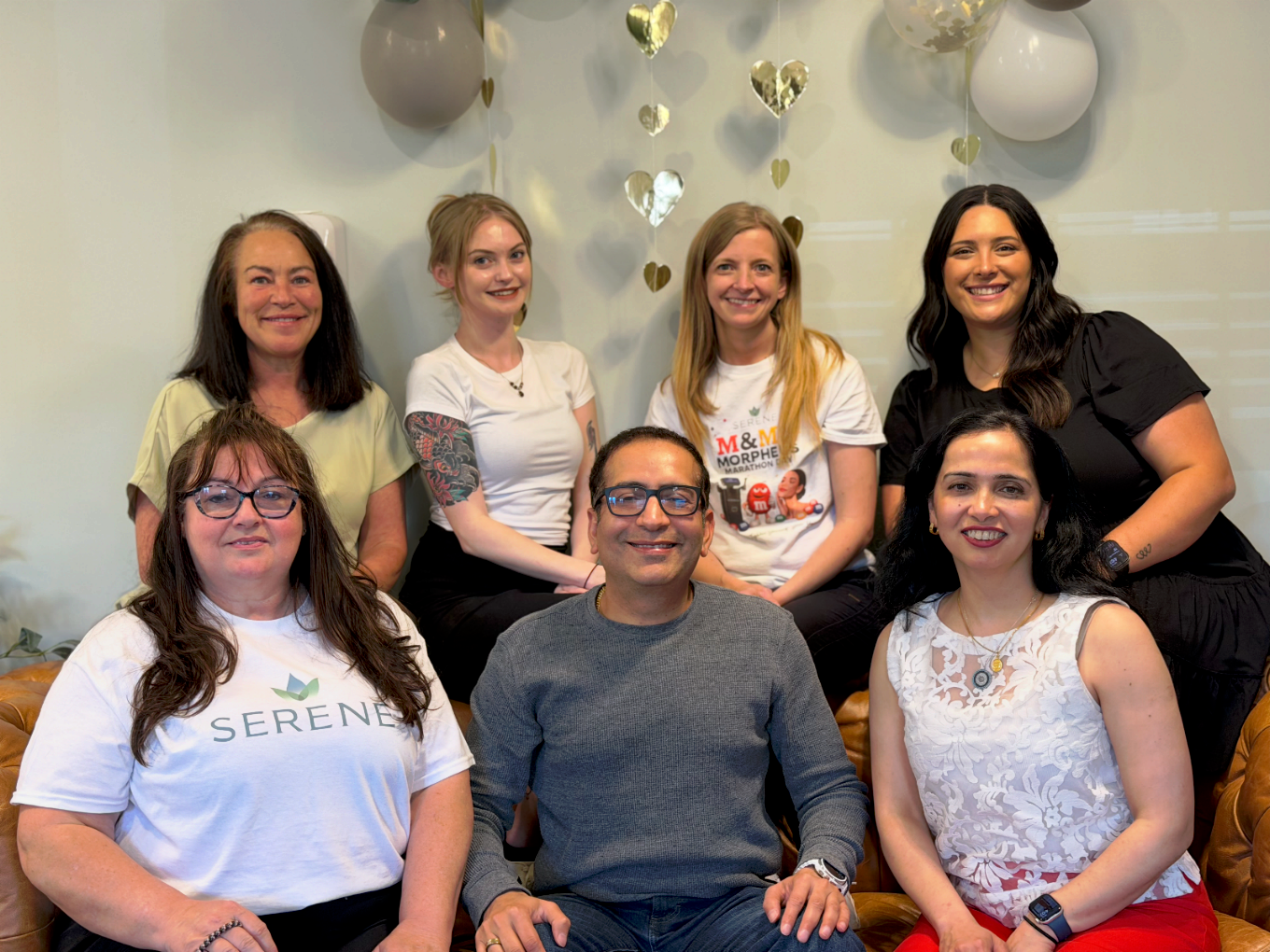 The Serene Med Spa team: Michelle Korten, Cami Boggess, Stephanie Welker FNP-BC, Biz Patrick, Mary Gibson NP, Dr. Robin Arora, and Dr. Shweta Arora
